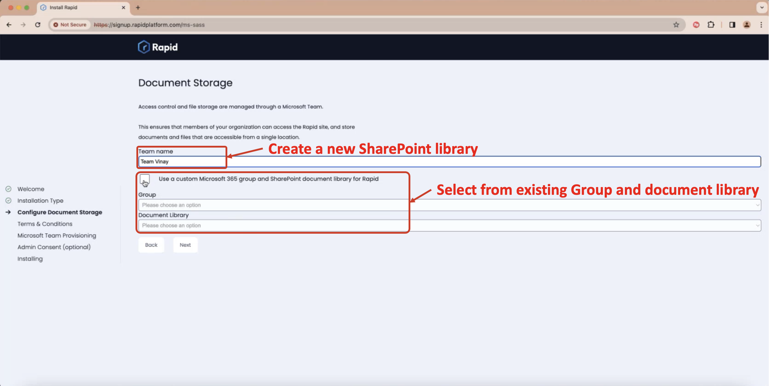 Image showing Document Storage configuration page